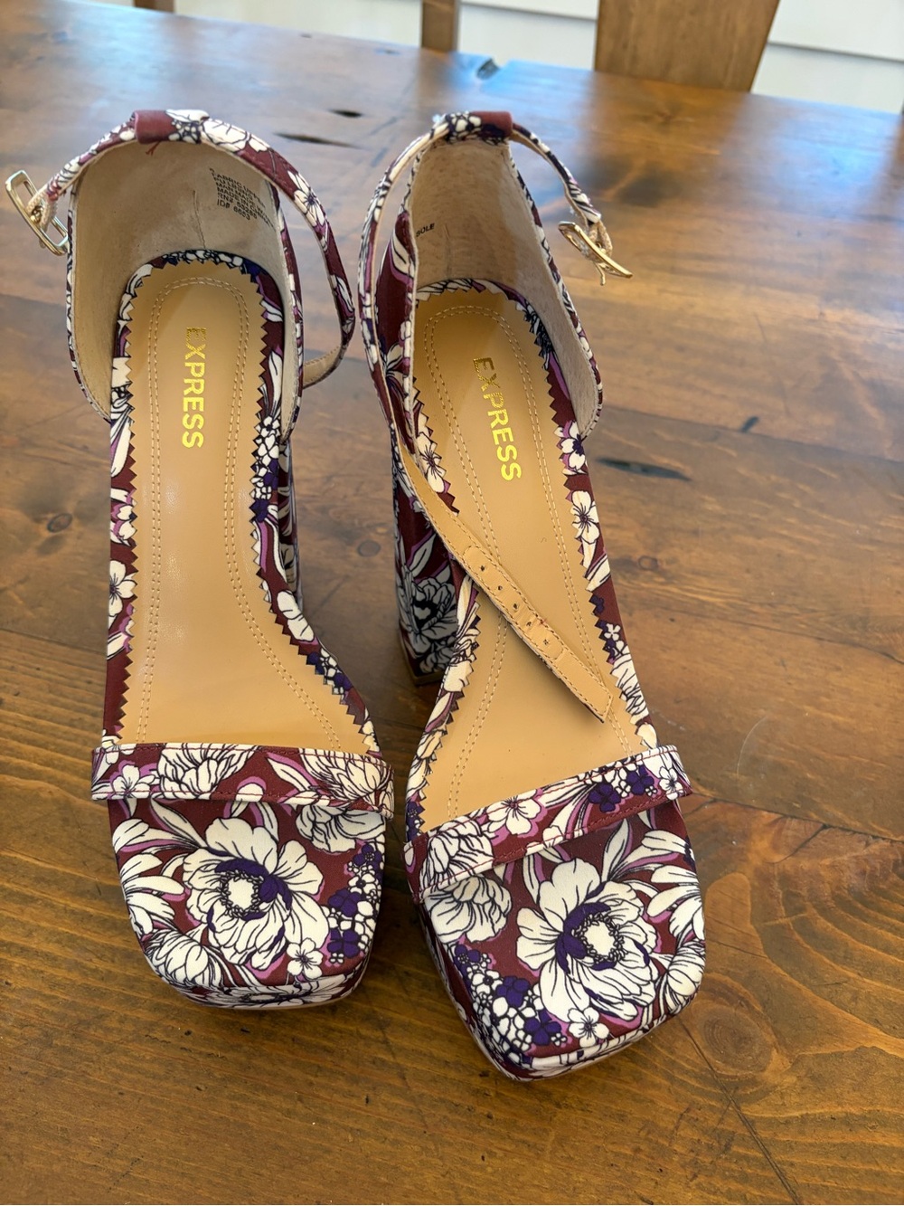 Express Floral Burgundy and White Block Heel Sandals